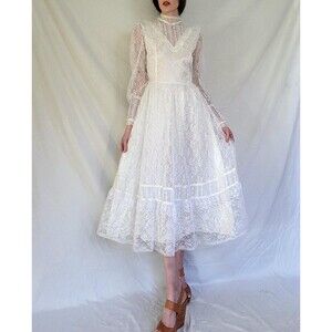 70s Vintage White Lace Ruffle Wedding Gown: High Neck Victorian Prairie Dress
